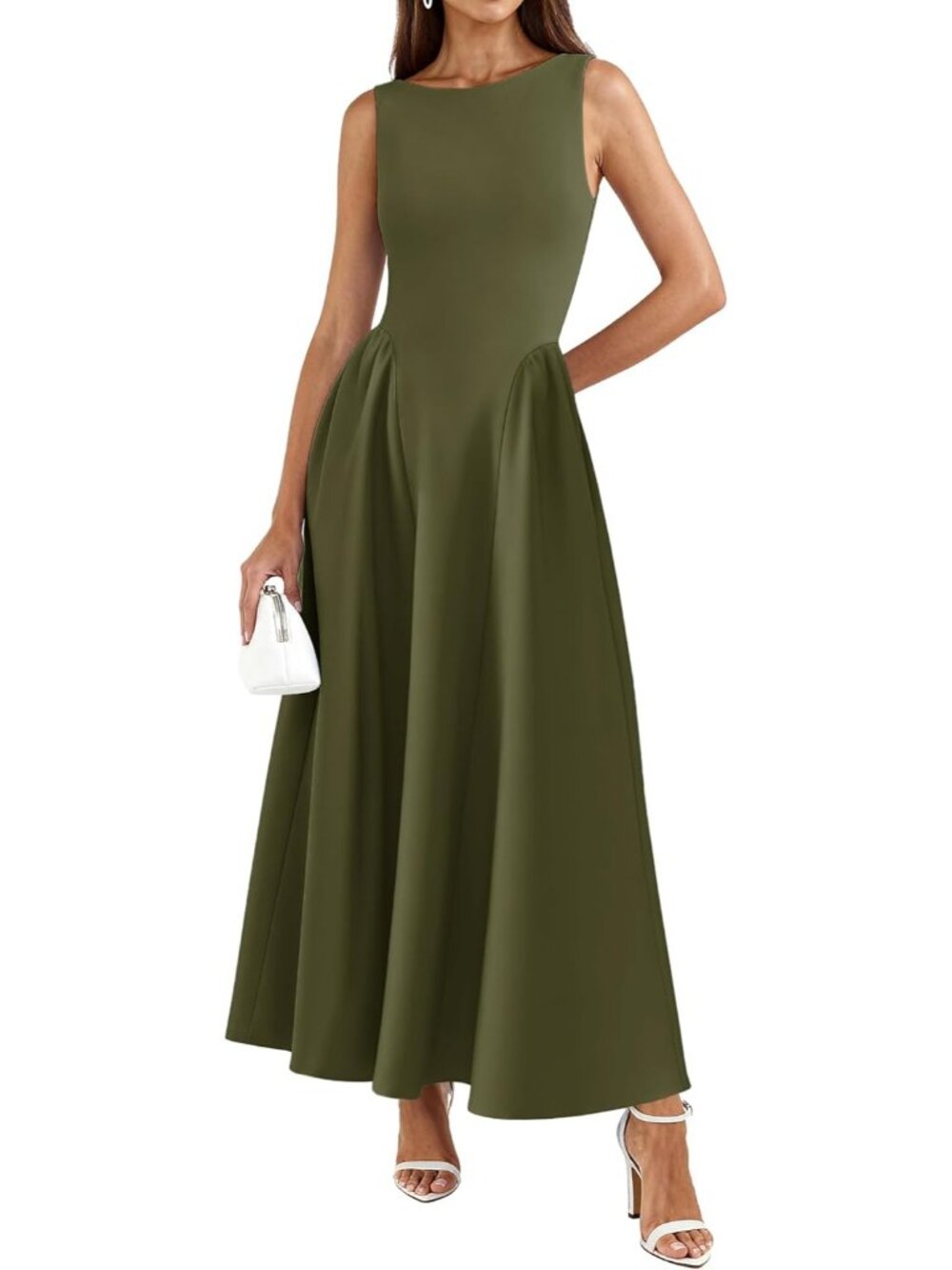 🆕 Women Army Green Sleeveless Maxi Classy A Line Tank Formal Midi Long Dress